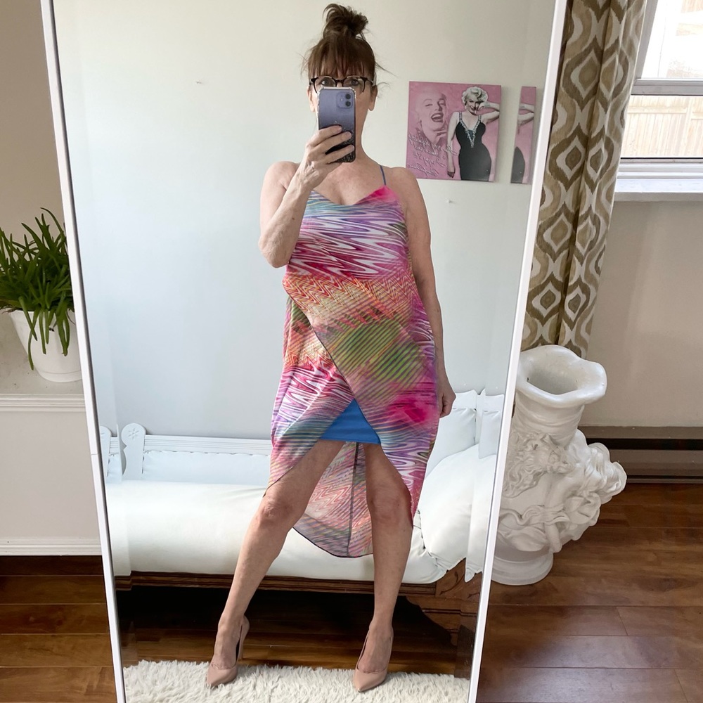 MUSTARD SEED RACER BACK SARONG DRESS FAUX WRAP PINK BLUE YELLOW LINED